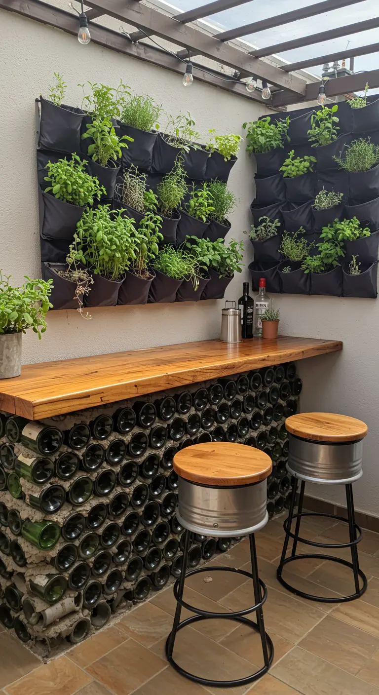 Comptoir de bar dont la base est faite de bouteilles en verre empilées