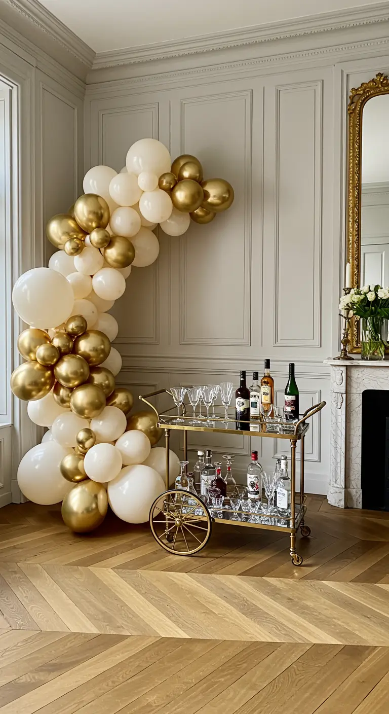 Cascade de ballons blanc crème et or à côté d'un chariot-bar vintage en laiton.