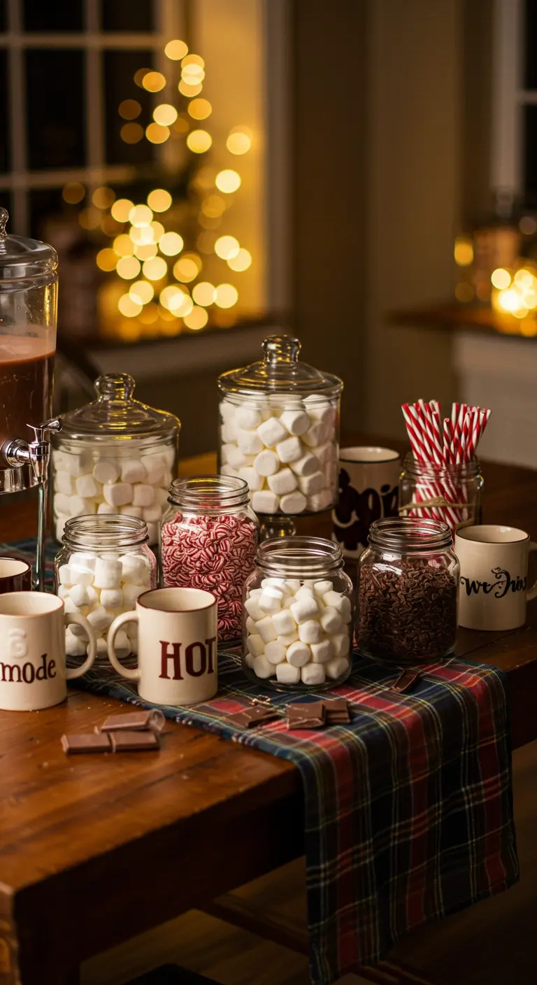 Bar à chocolat chaud hivernal avec des guimauves et des tasses.