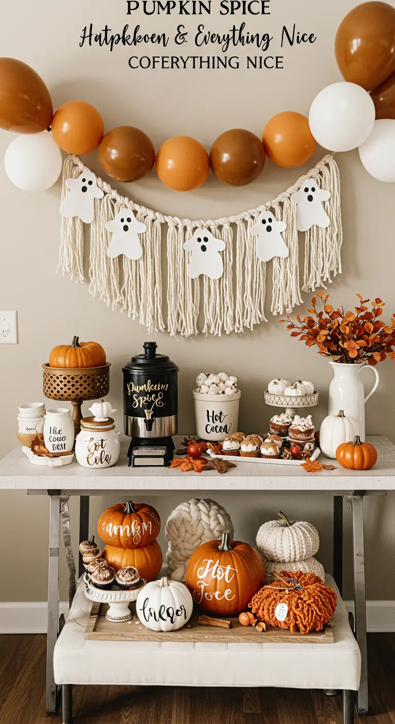 Bar à chocolat chaud pour l'automne avec des citrouilles et une déco cosy.