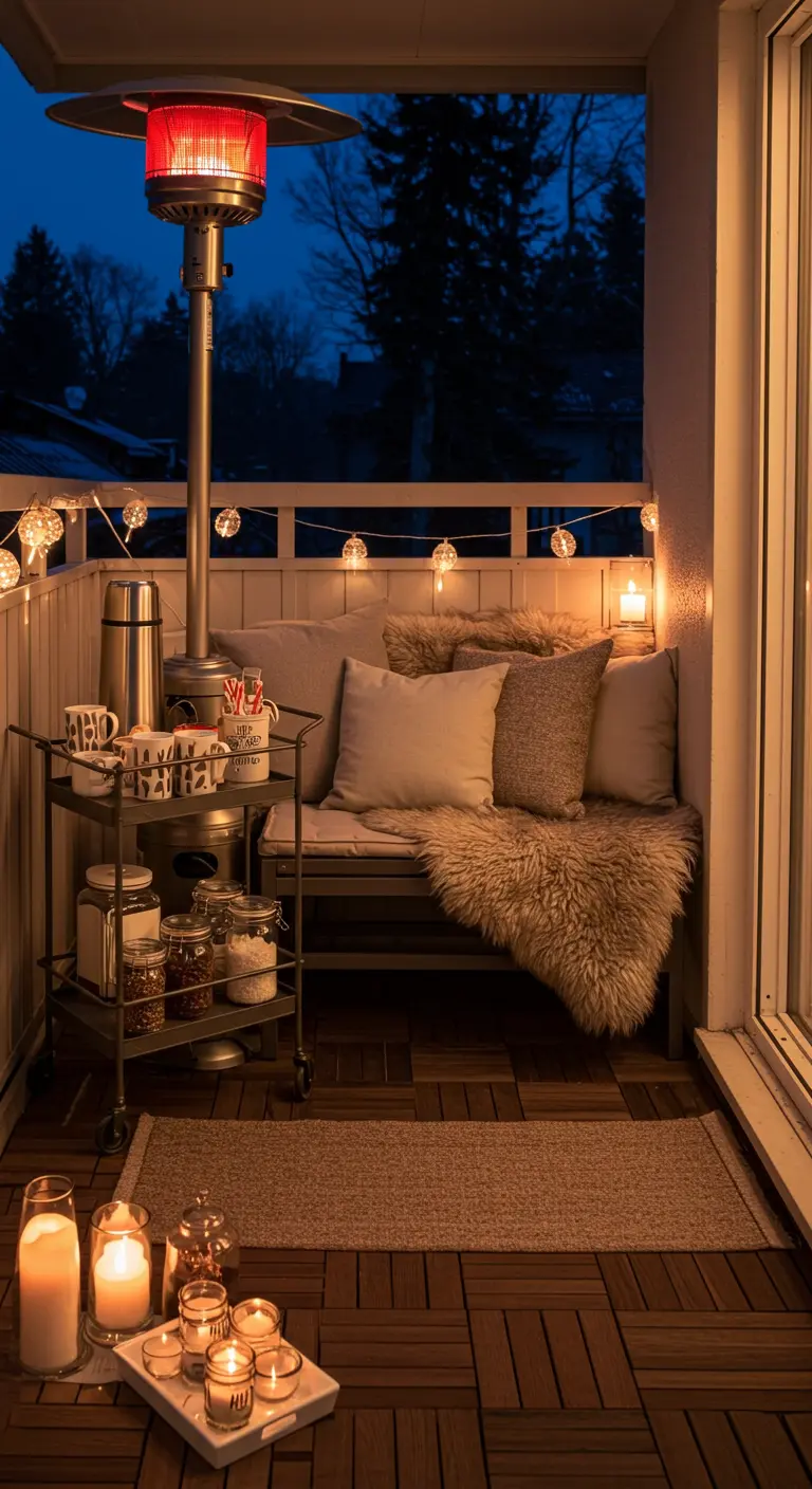 Balcon avec chauffage, banc, plaid en fausse fourrure et desserte.