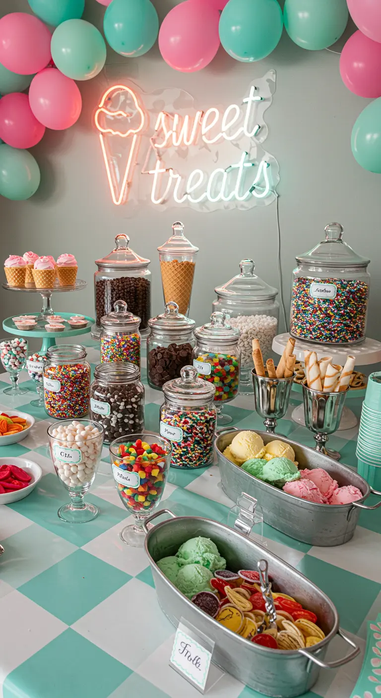 Bar à glaces vintage avec des bocaux de garnitures et un néon.