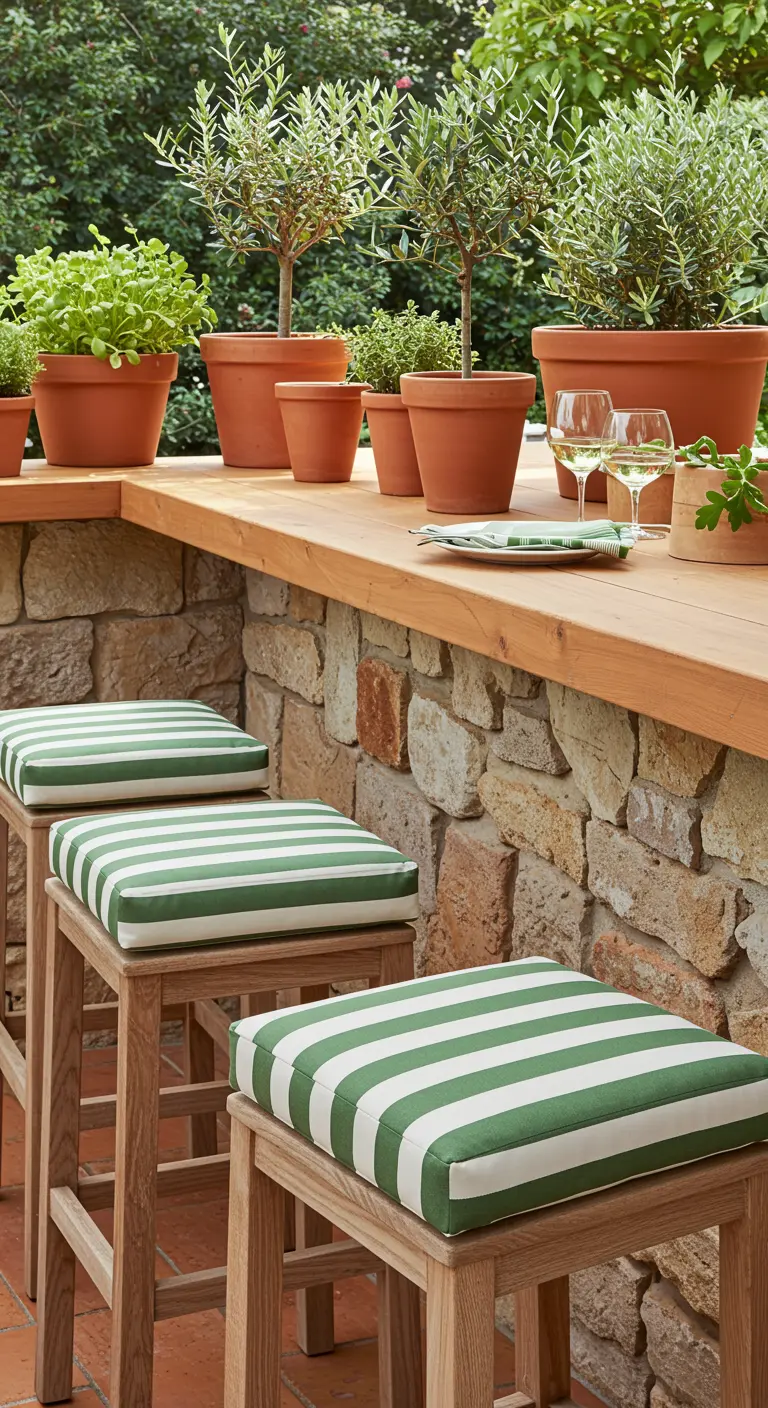 Bar d'extérieur en bois et pierre avec des tabourets à rayures vertes et des pots d'herbes.
