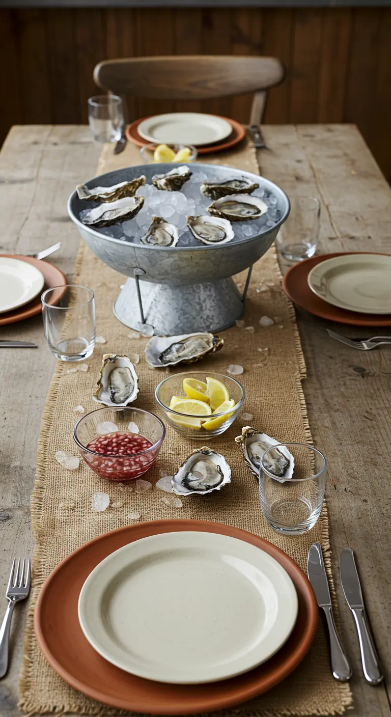 Table rustique avec une bassine en zinc remplie d'huîtres sur glace en centre de table.