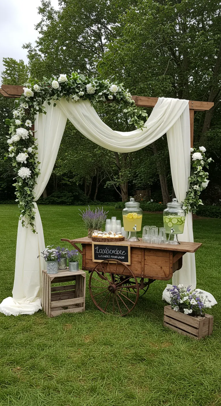 Bar à boissons rustique sur une charrette en bois, sous une arche drapée de voilages blancs.