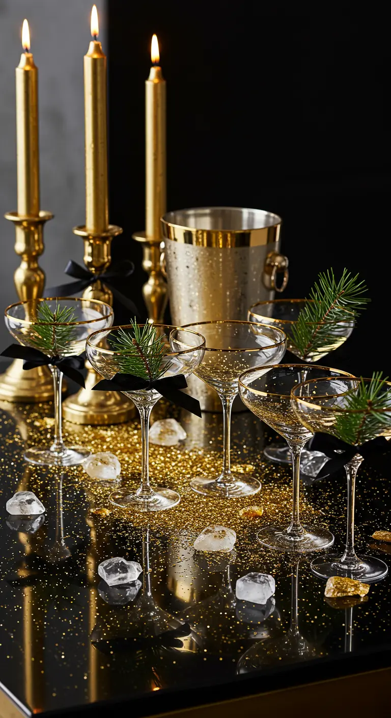 Coupes de champagne sur une surface noire parsemée de paillettes dorées, avec des bougies.