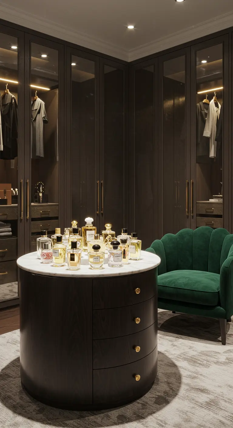 Îlot rond en bois foncé présentant une collection de parfums, fauteuil en velours vert.
