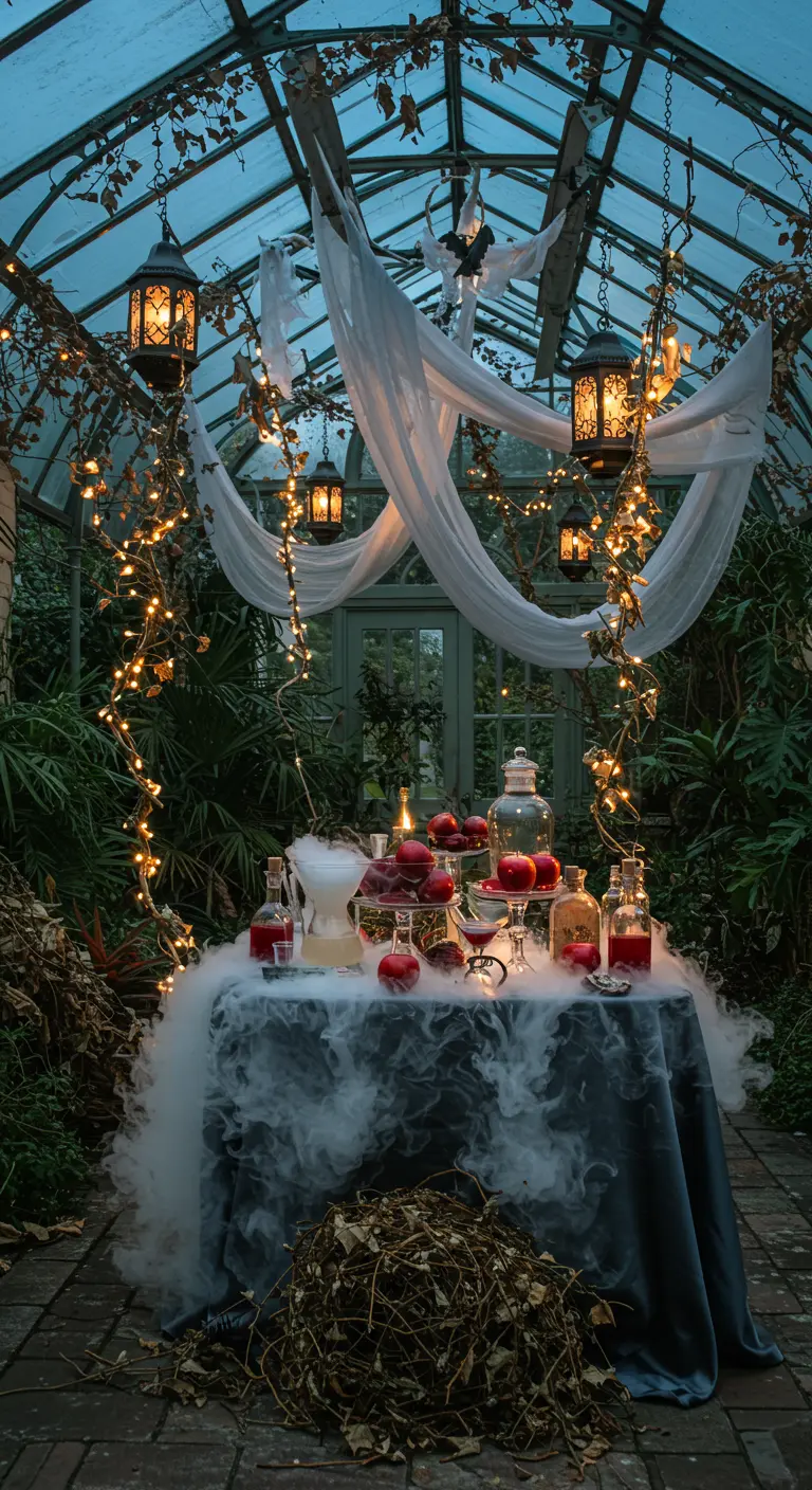 Bar à cocktails fumant dans une serre décorée pour Halloween.