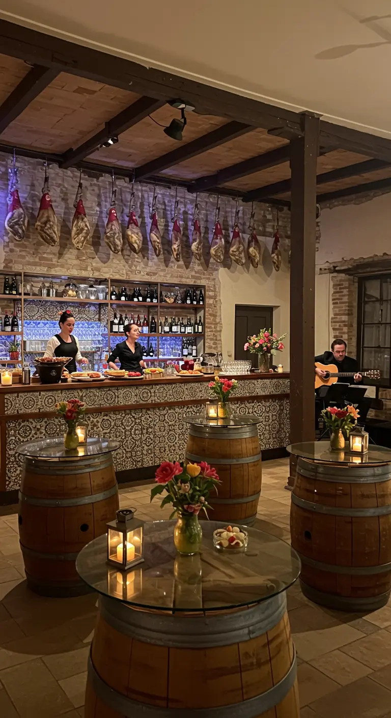 Coin bar rustique avec des tonneaux, des fleurs et un guitariste.