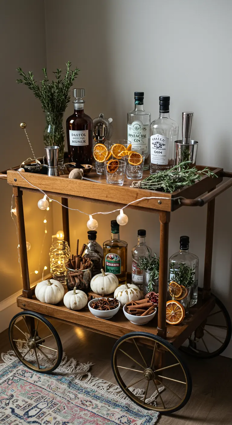Chariot de bar décoré avec des citrouilles, des épices et une guirlande.