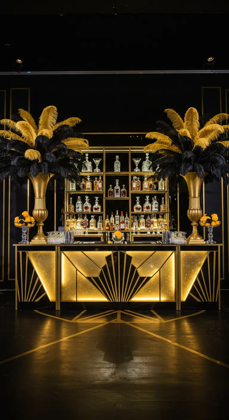 Bar Art déco illuminé avec des décorations symétriques de plumes.
