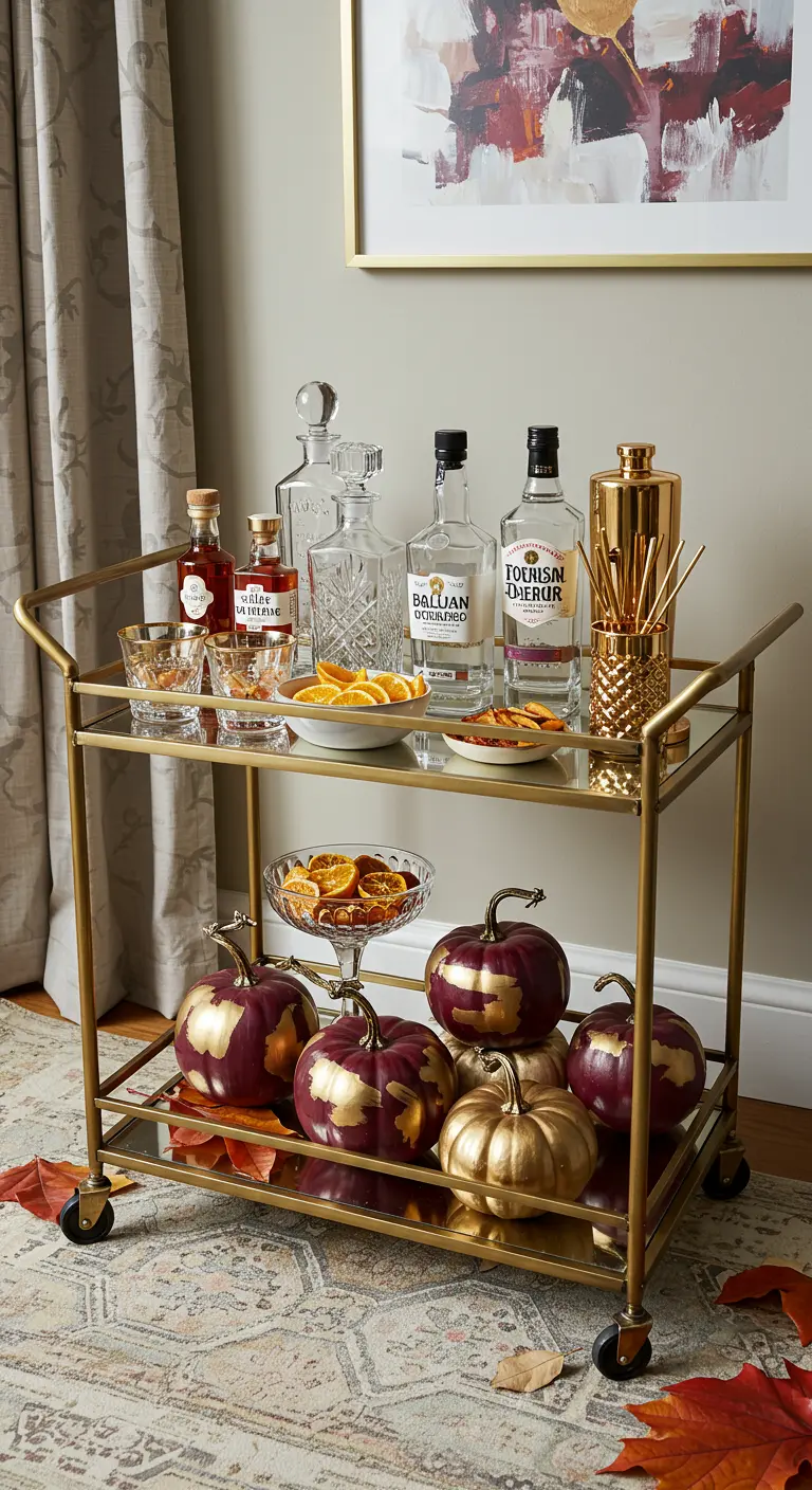Chariot de bar doré avec des bouteilles et des citrouilles bordeaux rehaussées de touches dorées.