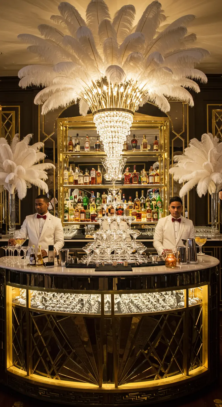 Un bar Art Déco spectaculaire avec des barmans et des bouquets de plumes blanches.