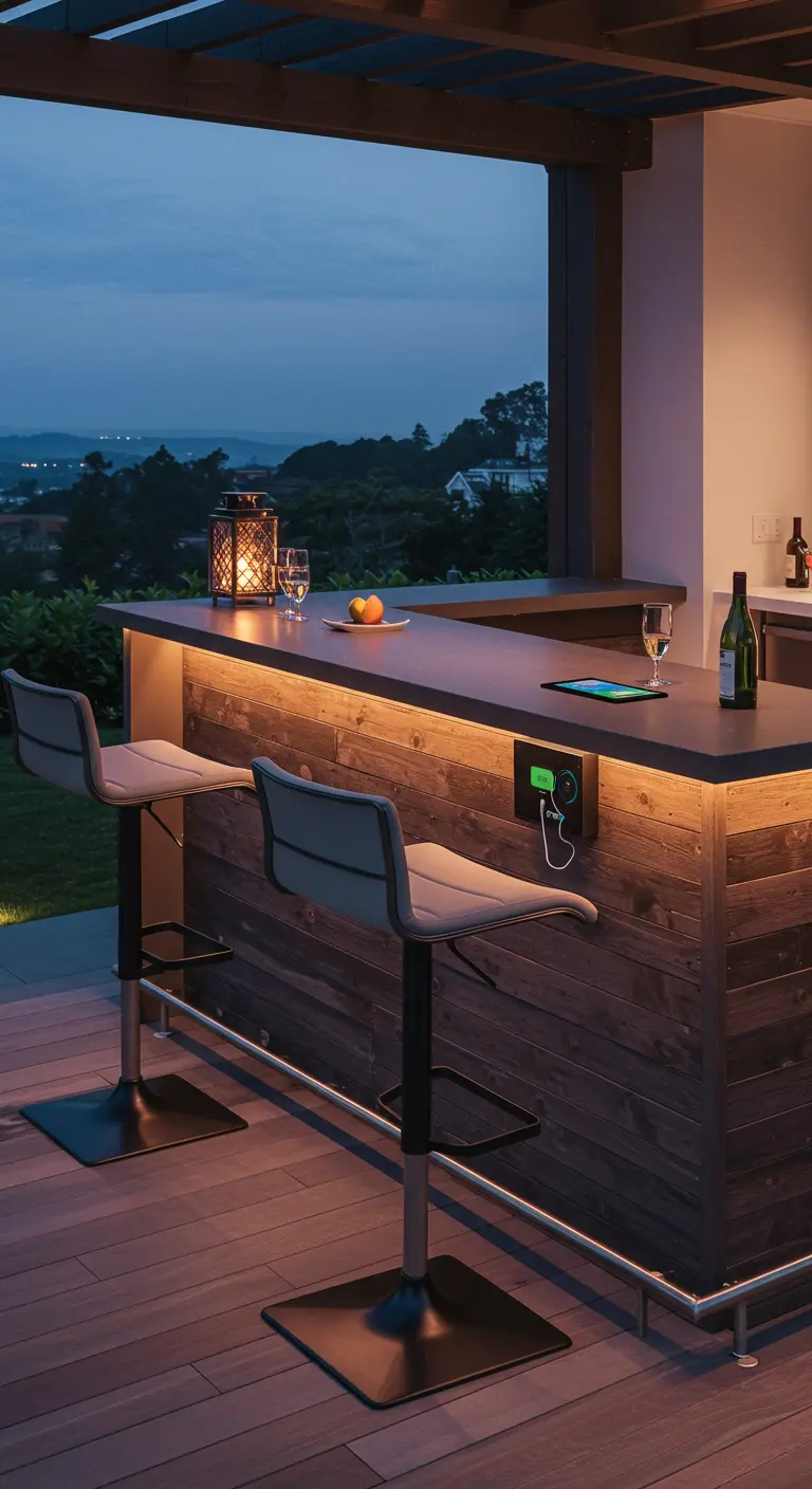 Bar extérieur en bois rustique avec des prises de courant intégrées pour les appareils.