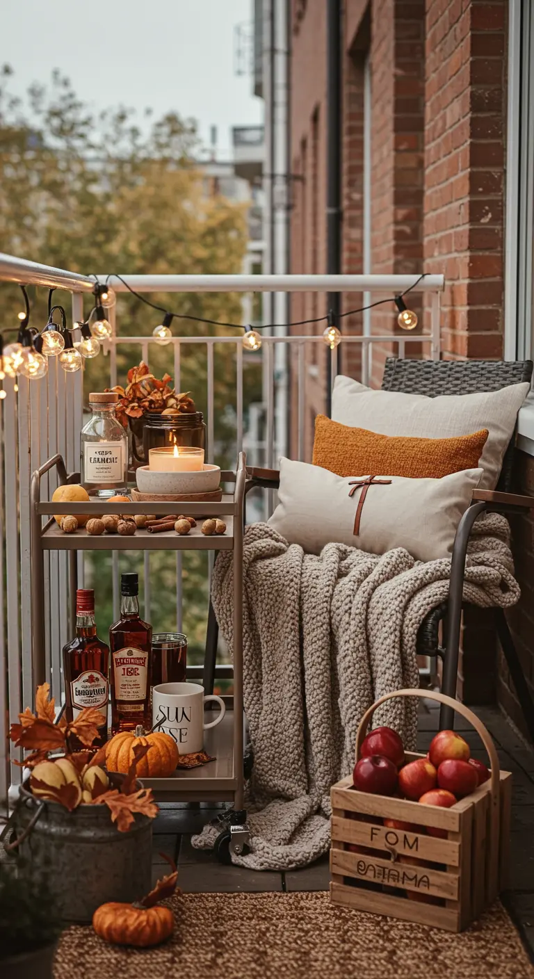 Desserte sur un balcon avec des boissons, des citrouilles et un plaid.