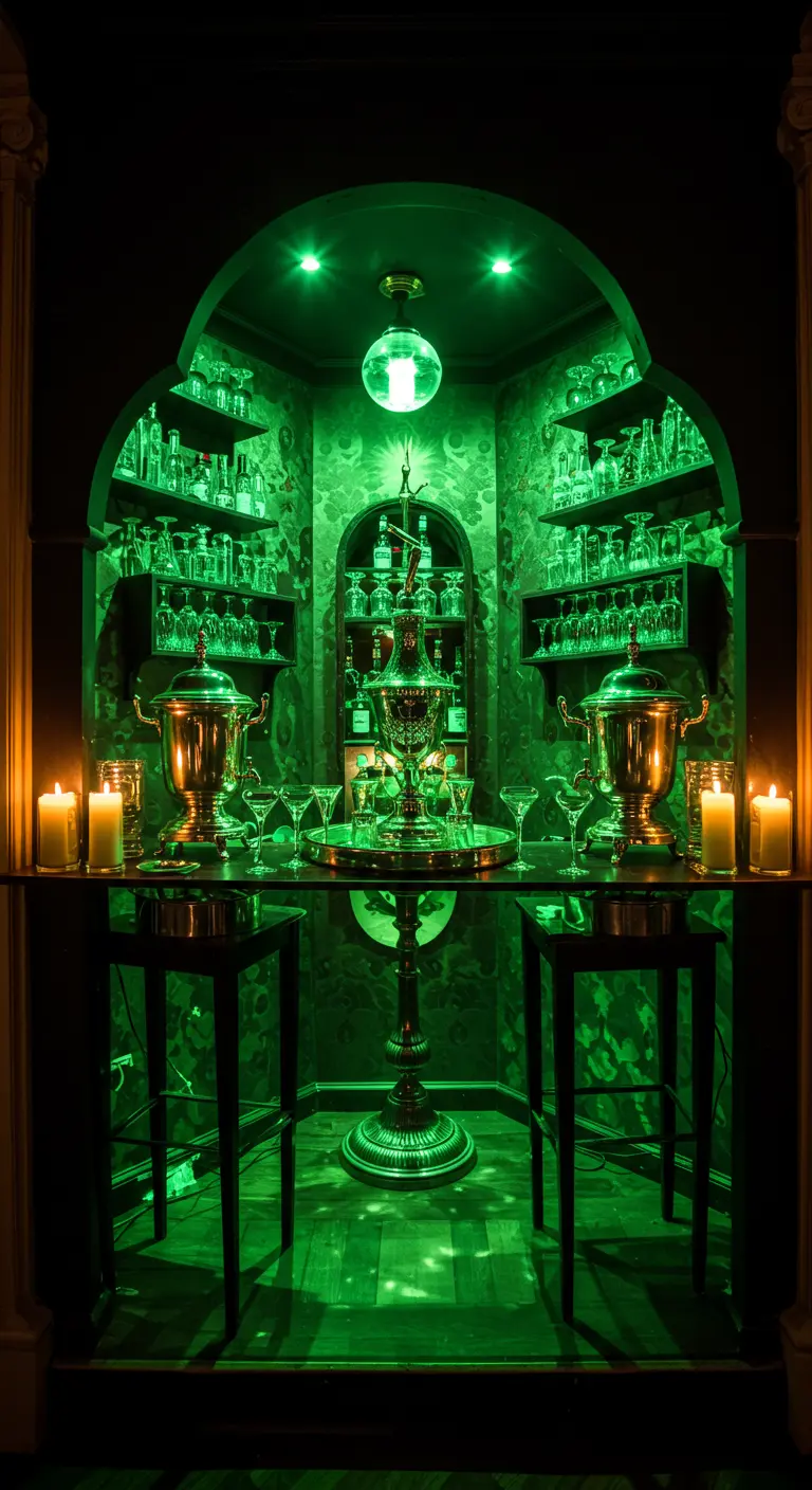 Un petit bar de style vintage entièrement illuminé en vert, avec des fontaines à absinthe.