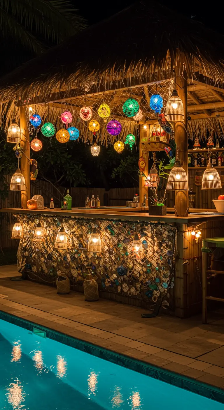 Bar tiki de piscine décoré de filets de pêche, de coquillages et de lampions colorés.