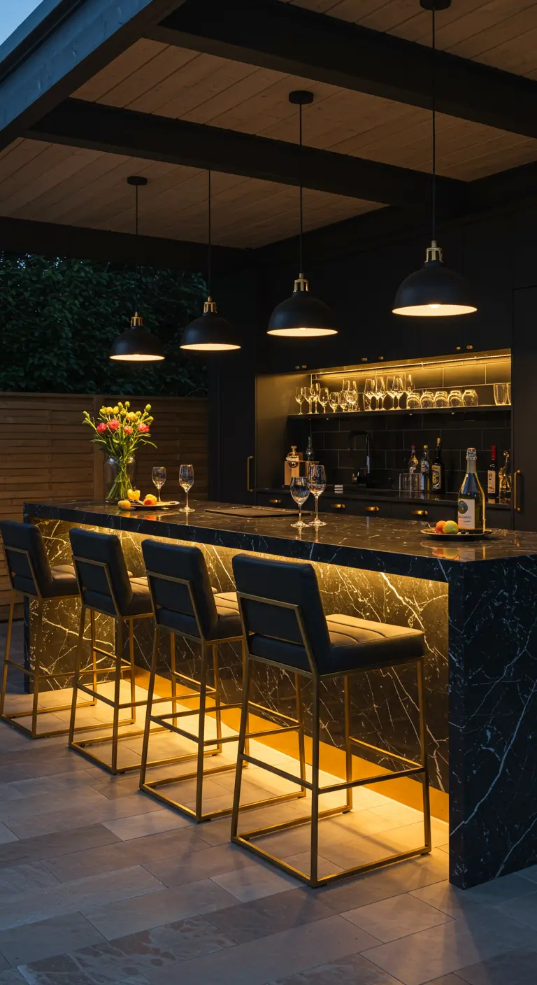 Bar extérieur noir et or avec comptoir lumineux, tabourets et étagères rétro-éclairées.