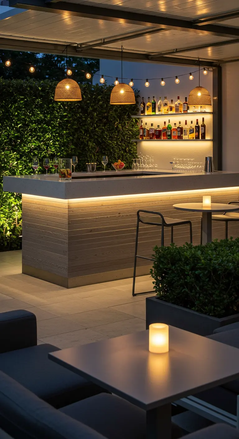 Bar extérieur avec comptoir éclairé par LED, suspensions en osier et fond végétal.