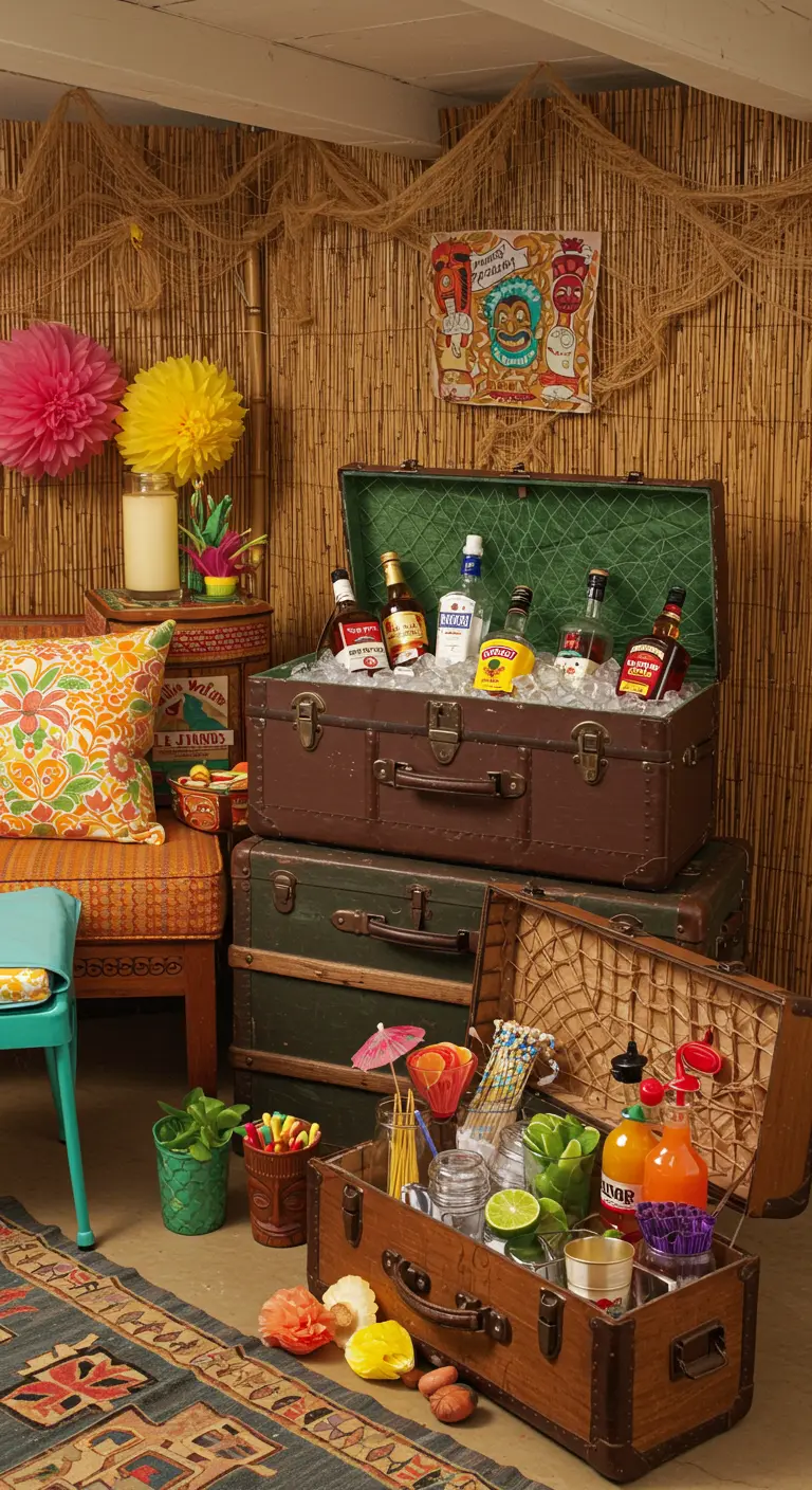 Valises ouvertes servant de glacières pour bouteilles et de bar à sirops.