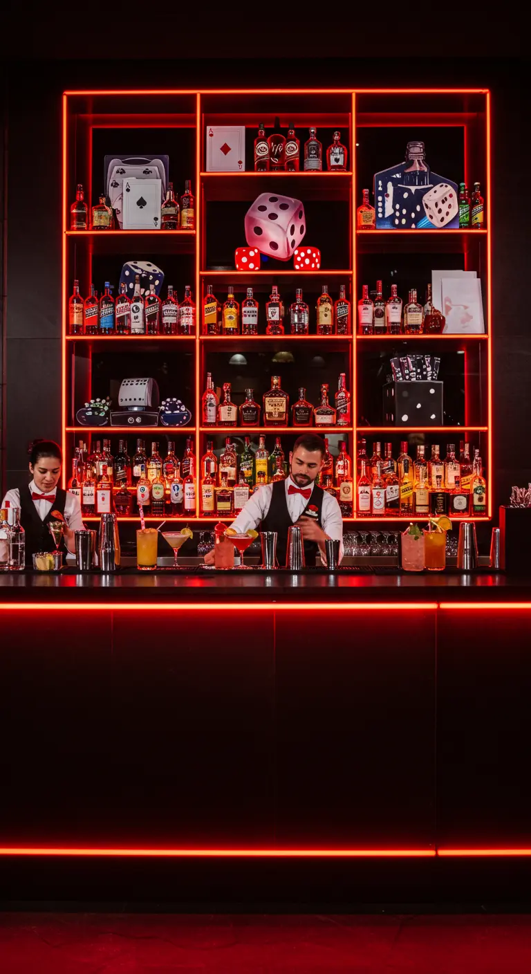 Barman derrière un comptoir, avec des étagères illuminées de néons rouges.
