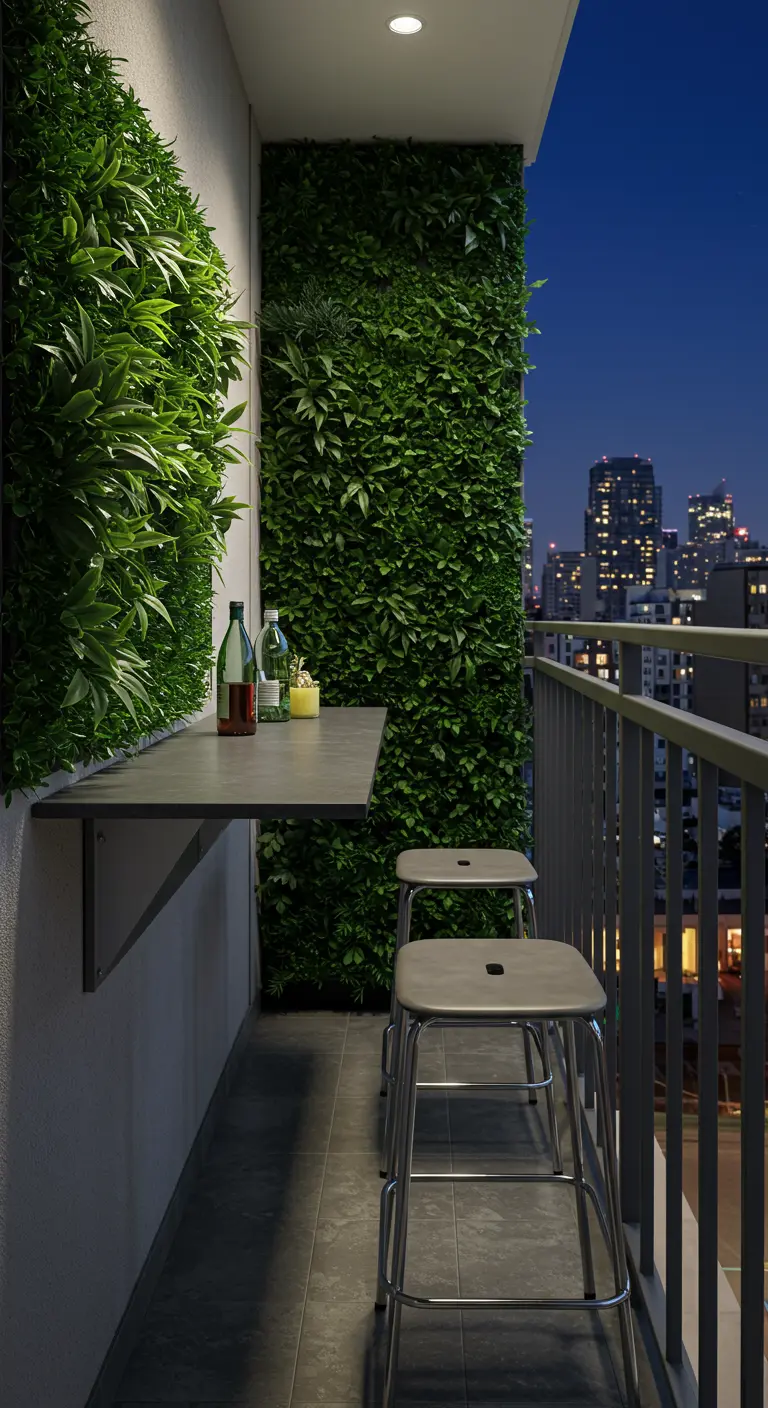 Table murale rabattable sur un balcon avec un mur végétal.
