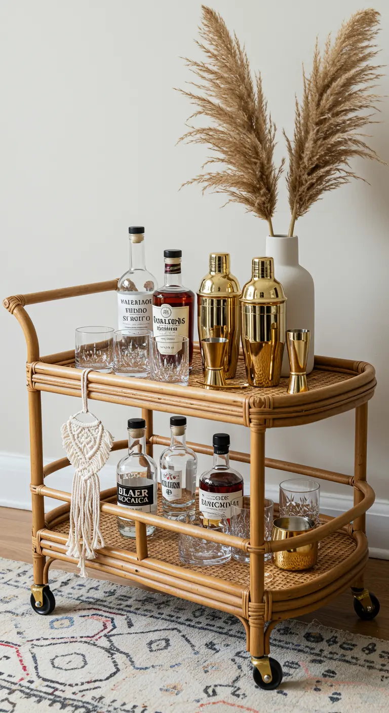 Desserte de bar en rotin avec des shakers dorés et un vase d'herbes de la pampa.