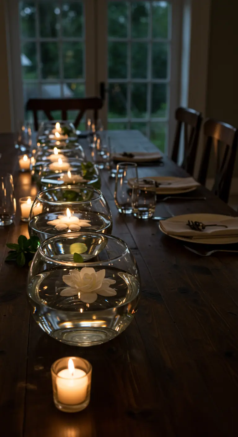 Bougies et fleurs flottantes dans des bols en verre sur une table de dîner sombre.