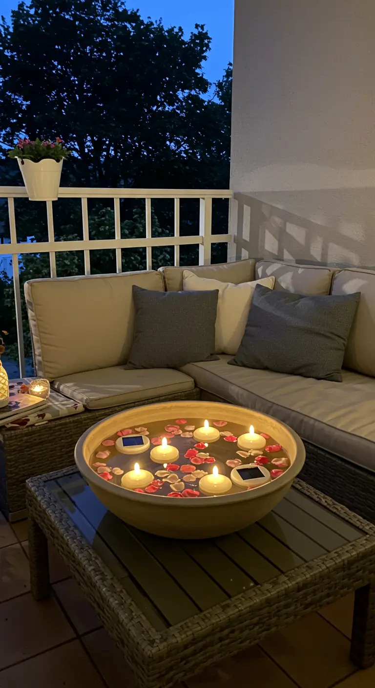 Bougies solaires flottantes dans une vasque d'eau avec des pétales de rose.