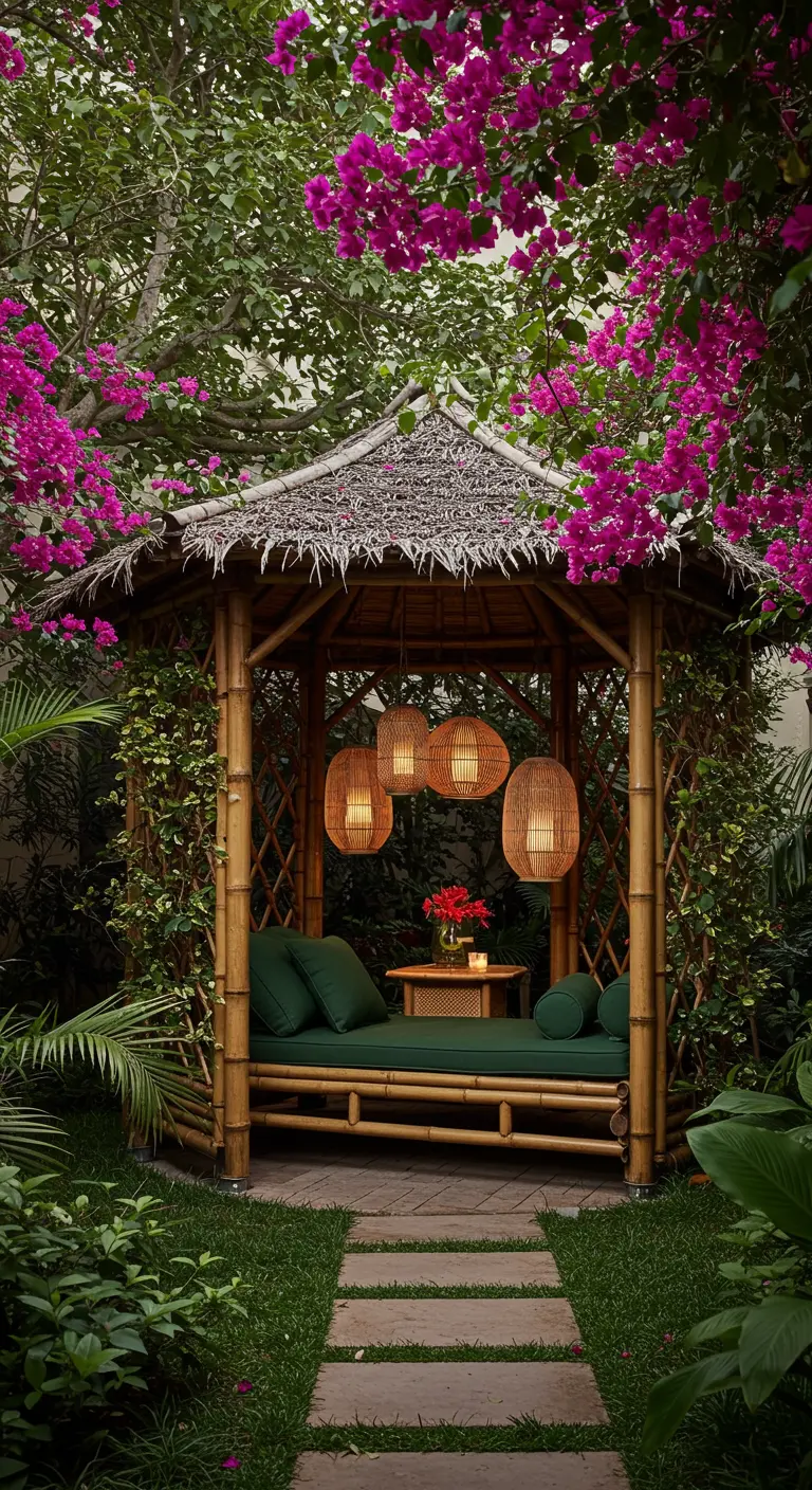 Pavillon en bambou avec toit de chaume, banquette verte, lanternes tressées et bougainvilliers fuchsias.