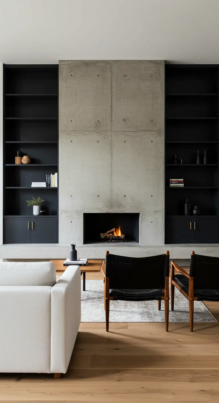 Salon avec cheminée en béton, bibliothèques noires intégrées et fauteuils en cuir et bois.