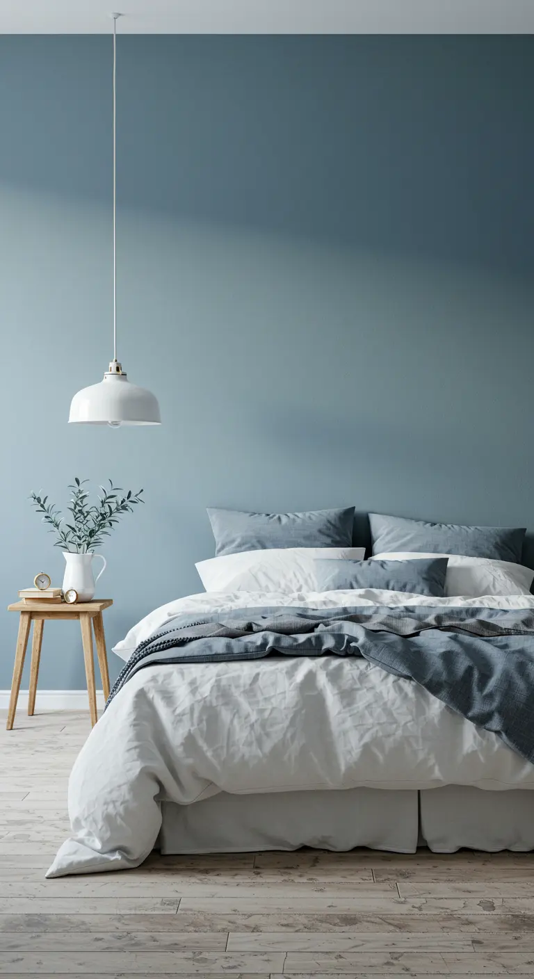 Chambre avec un mur d'accent peint en bleu grisé et du linge de lit blanc et gris.