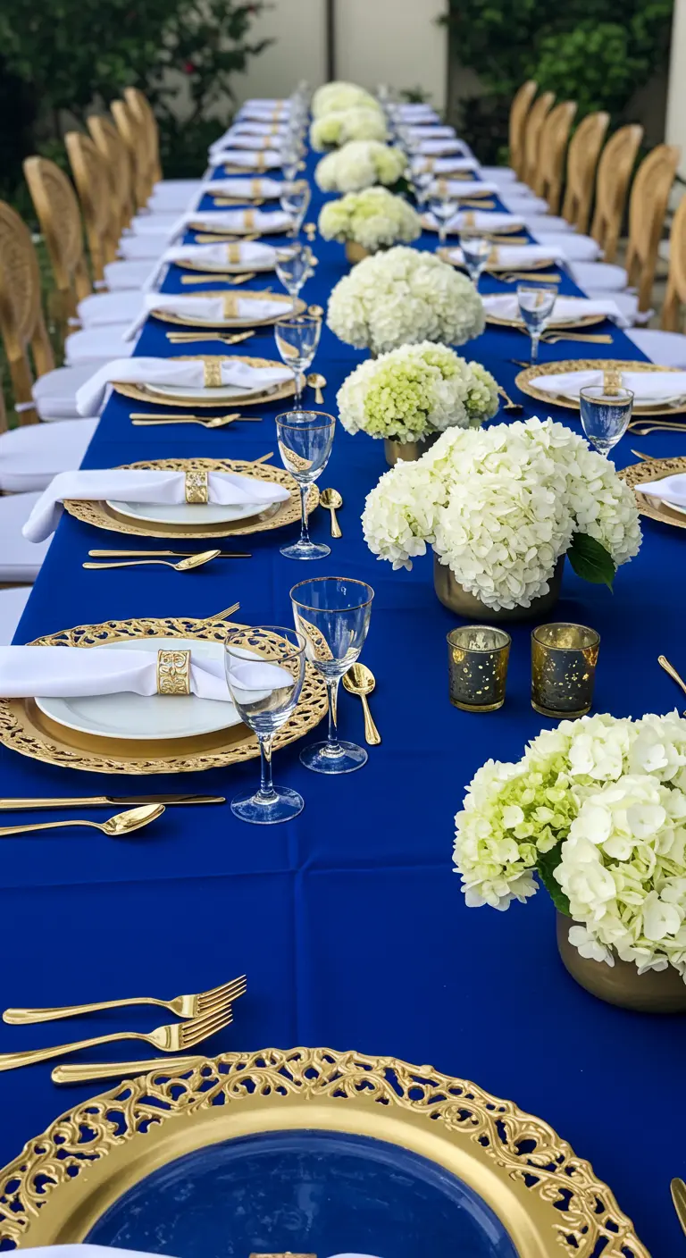 Longue table avec nappe bleu roi, hortensias blancs et sous-assiettes dorées.