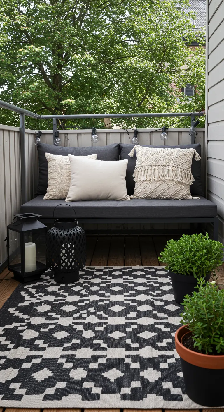 Balcon moderne avec un tapis graphique noir et blanc et des coussins texturés.