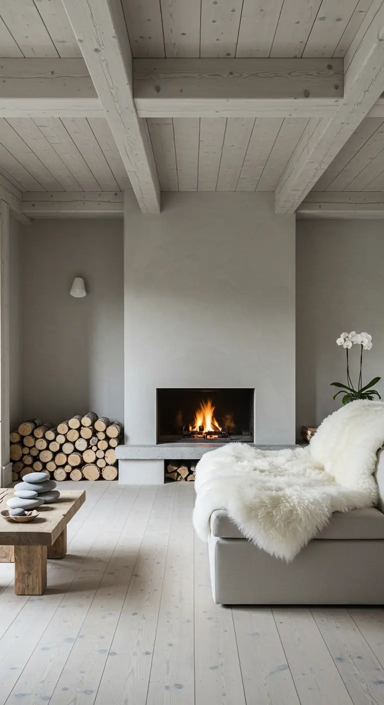 Cheminée minimaliste avec une grande pile de bûches de bois rangées à côté.