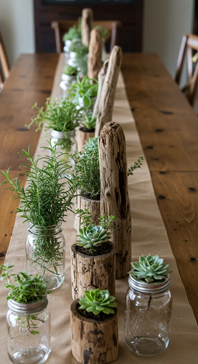 Centre de table avec bois flotté, herbes aromatiques et succulentes.