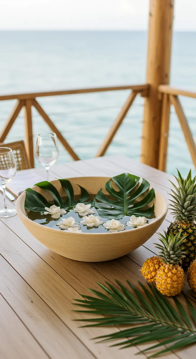 Grande coupe en céramique avec de l'eau, des feuilles et des fleurs flottantes.