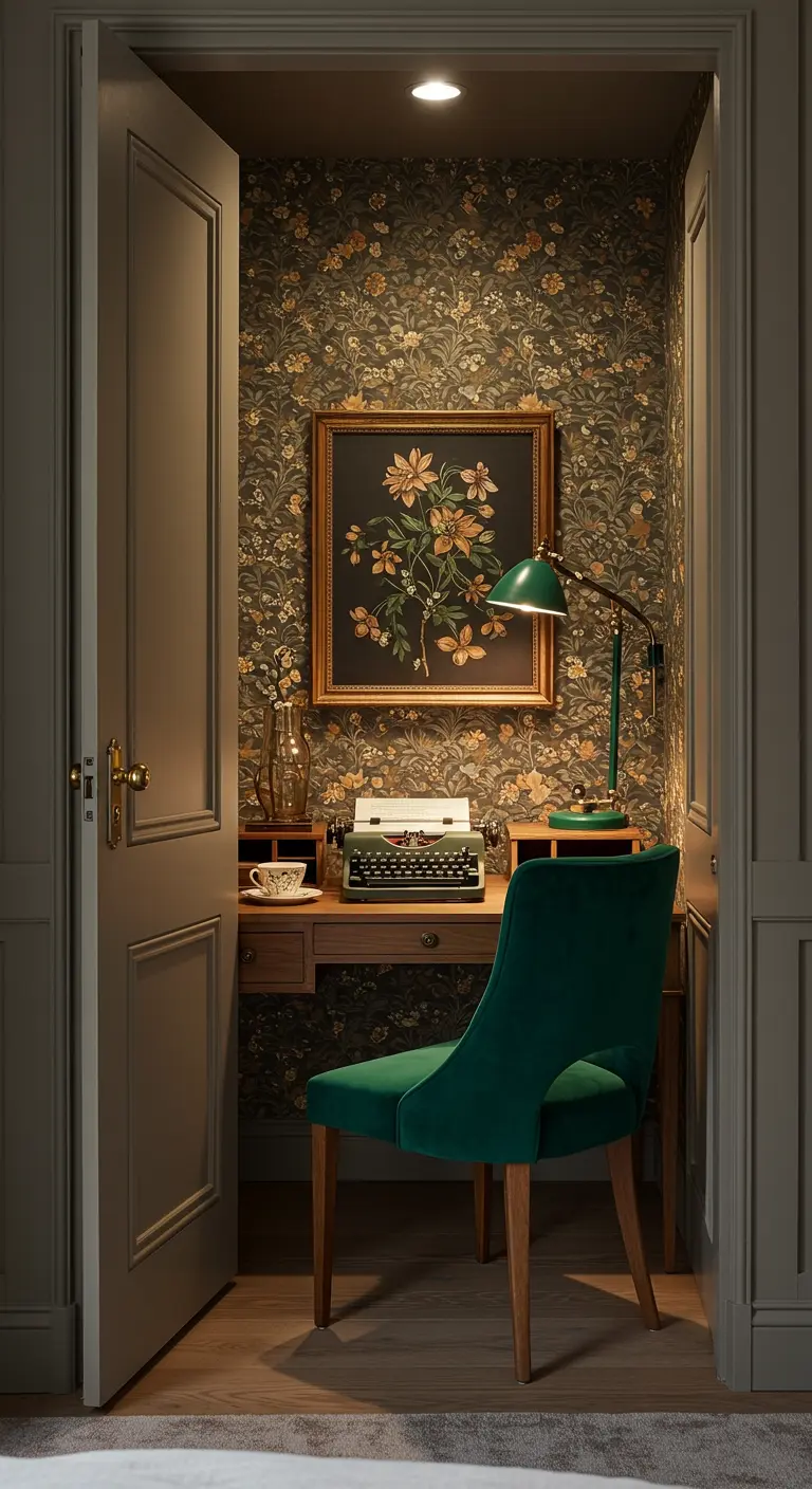 Bureau vintage dans un placard avec papier peint floral et chaise en velours vert.