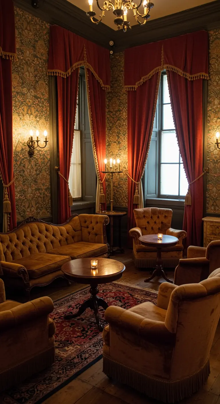 Salon d'époque avec fauteuils en velours doré, papier peint à motifs et rideaux rouges.