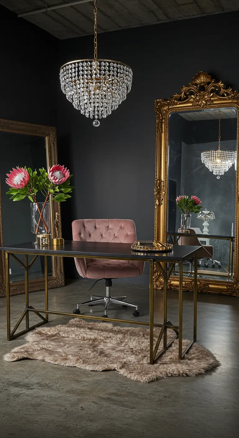 Bureau glamour avec murs noirs, lustre en cristal et chaise en velours rose.