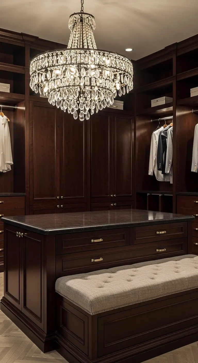 Dressing en bois sombre avec un grand lustre en cristal et un îlot avec banc capitonné.