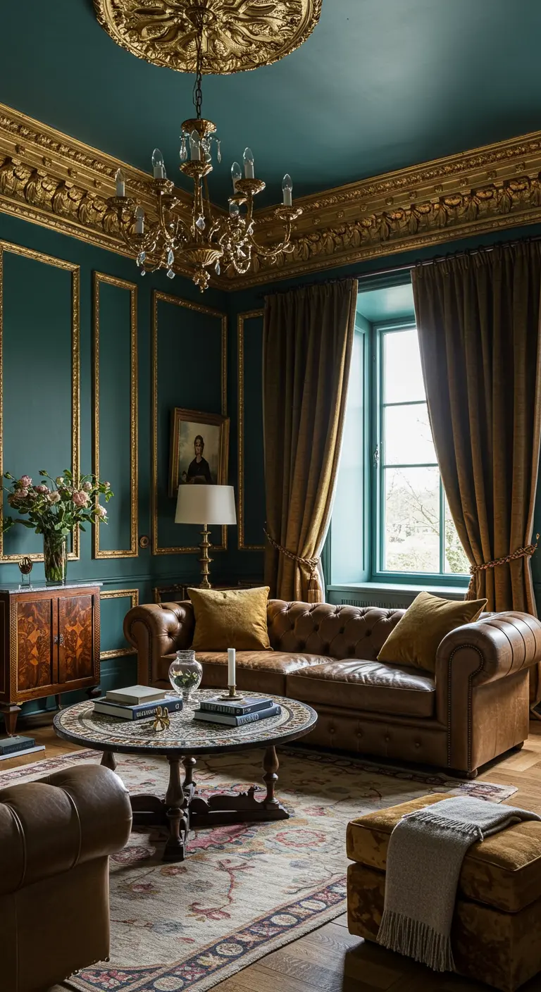 Salon classique avec murs bleu-vert, moulures dorées et canapé en cuir.