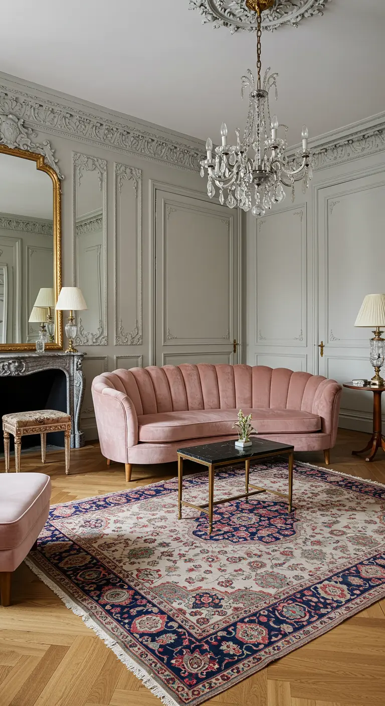 Salon parisien chic avec canapé en velours rose et lustre en cristal.