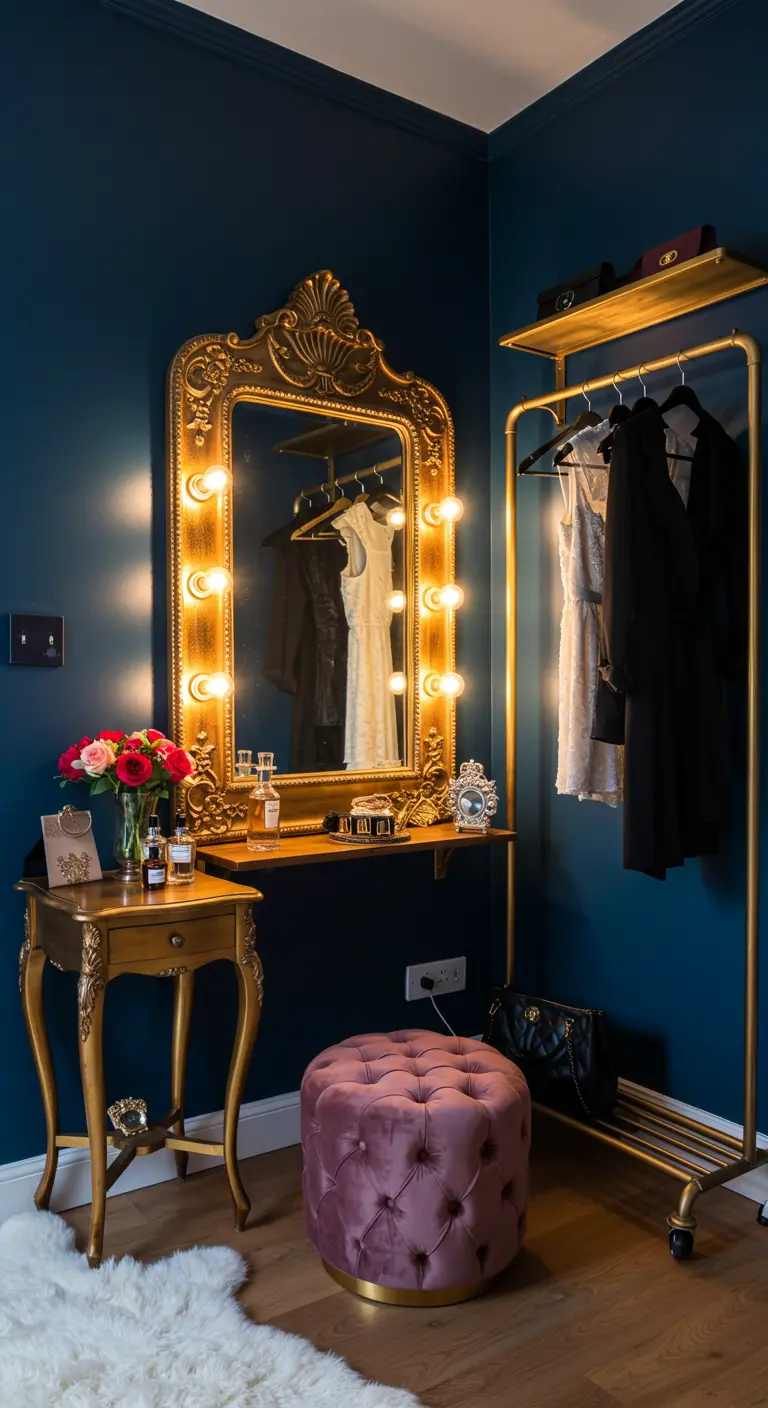 Dressing bleu intense avec miroir baroque doré éclairé, penderie dorée et tabouret en velours rose.