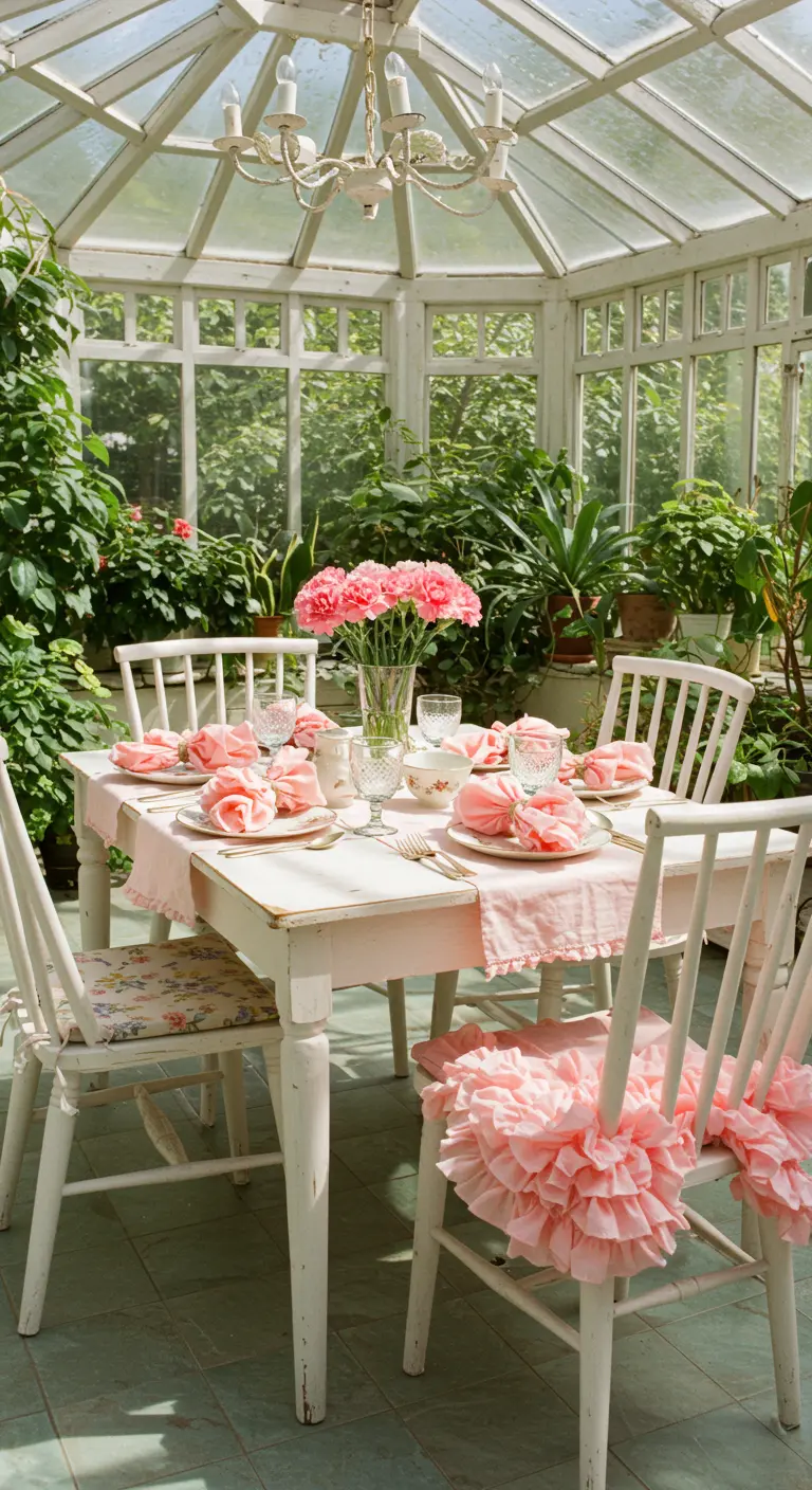 Table de déjeuner dans une véranda avec des serviettes roses pliées en forme d'œillets.