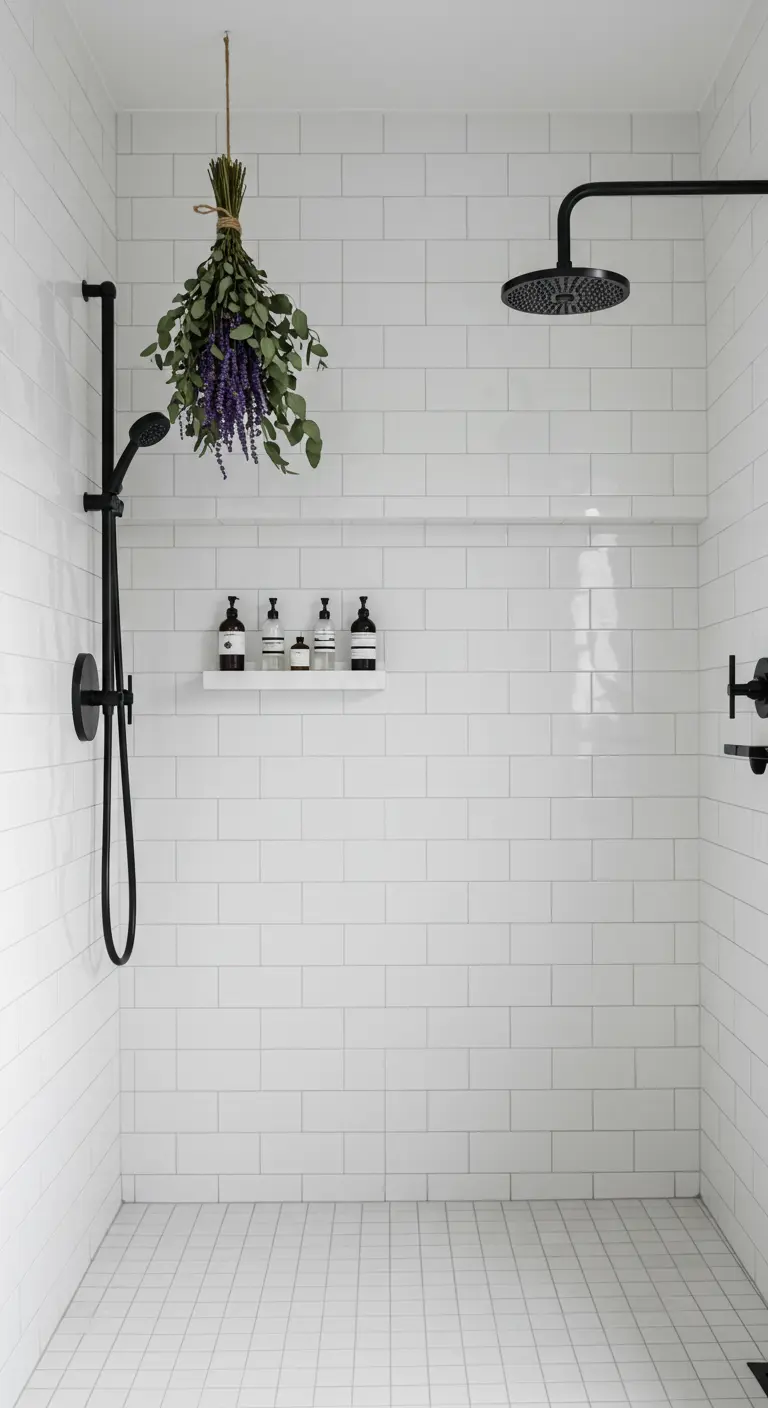 Bouquet d'eucalyptus et de lavande suspendu au pommeau d'une douche moderne carrelée de blanc.