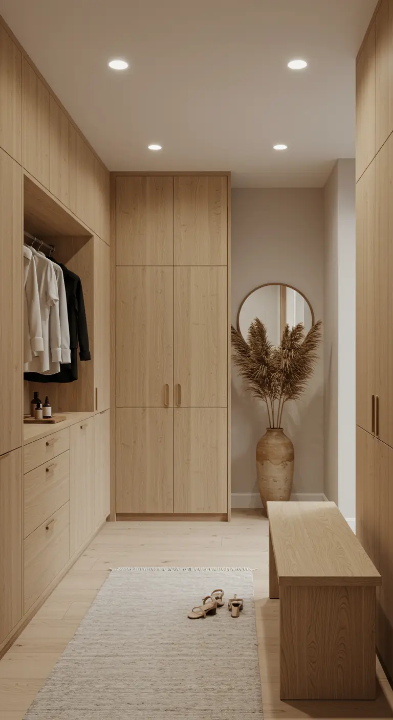 Dressing en bois clair avec un grand vase de pampas séchées.