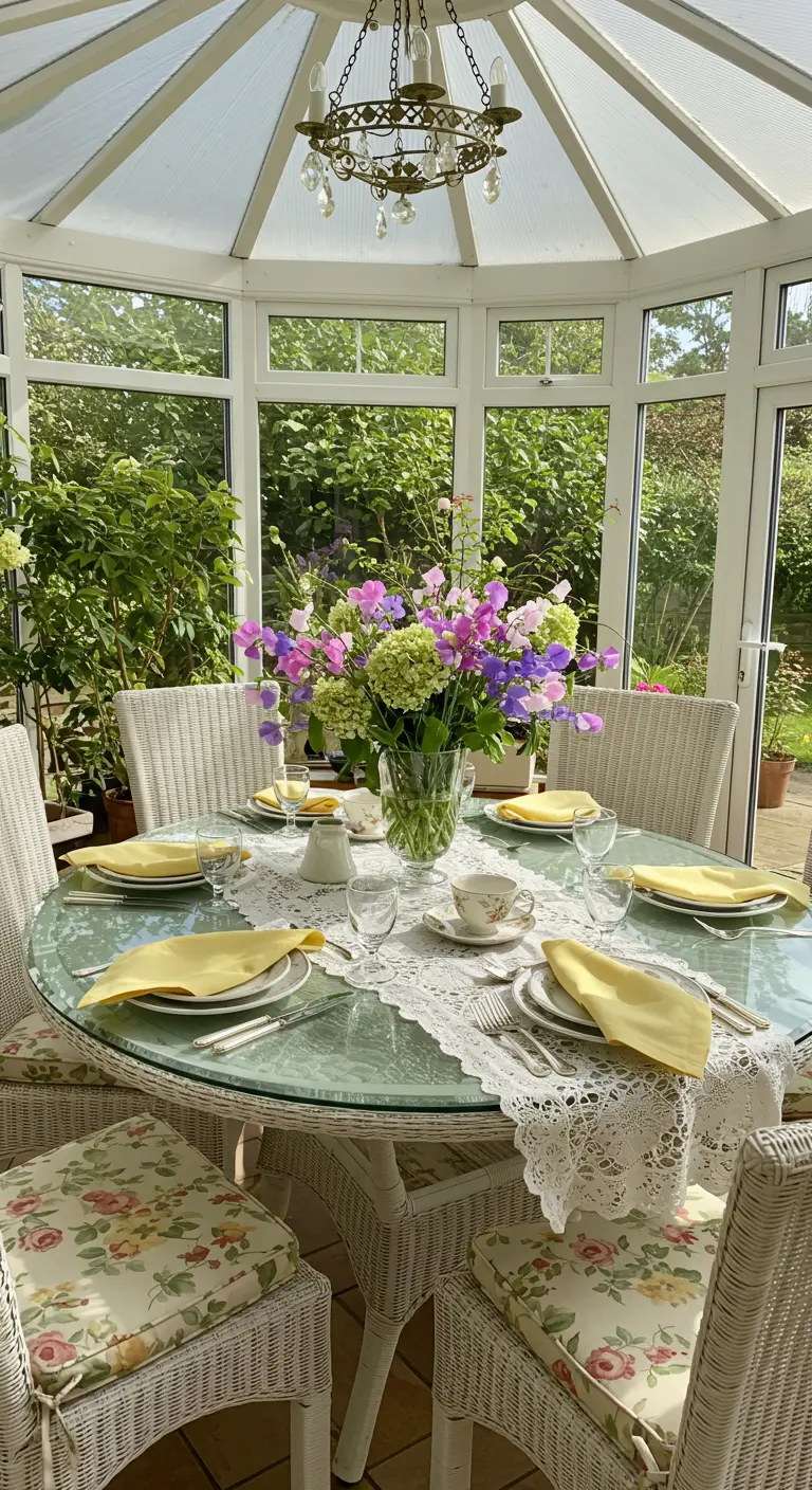 Table ronde dans une véranda ensoleillée avec des fleurs multicolores et des serviettes jaunes.
