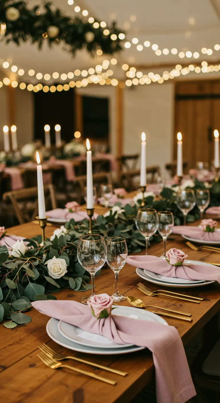 Table de fête dressée avec des serviettes roses pliées en forme de rose.