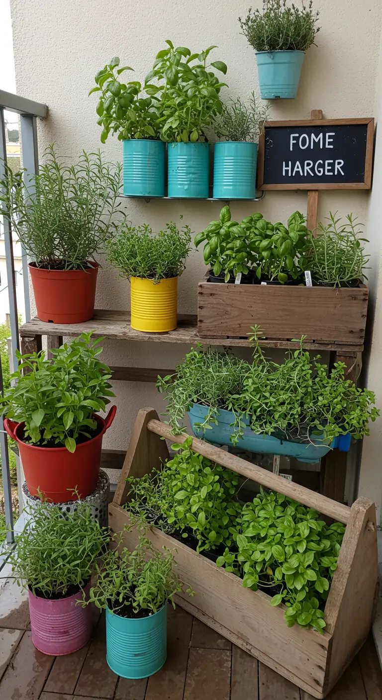 Balcon avec pots d'herbes en boîtes de conserve colorées, caisses en bois et une petite ardoise.